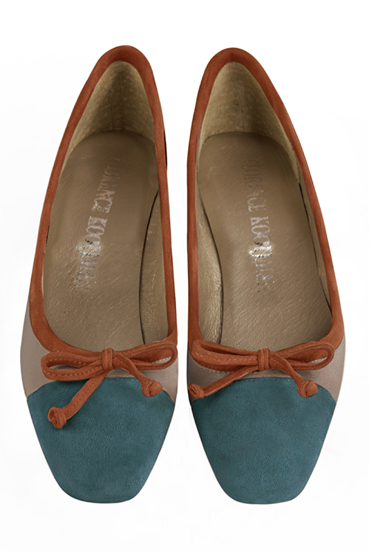 Peacock blue, tan beige and terracotta orange women's ballet pumps, with low heels. Square toe. Flat flare heels. Top view - Florence KOOIJMAN